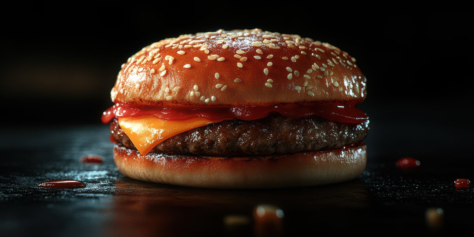 Juicy hamburger with melted cheese and ketchup on a sesame seed bun captured in a low-light setting